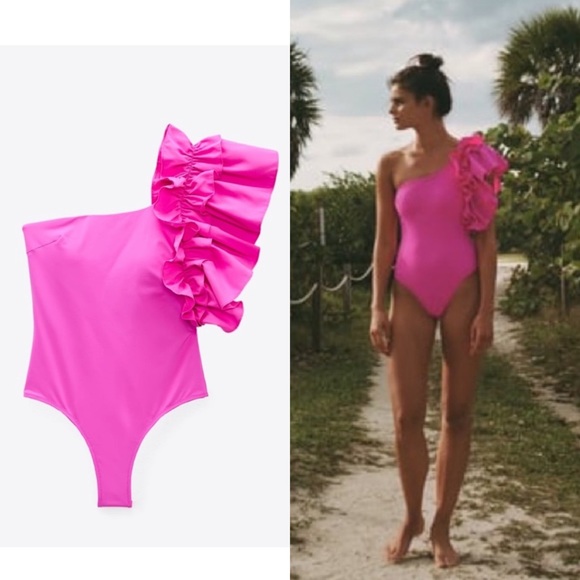 Zara NWOT one shoulder voluminous ruffle one piece swimsuit -hot pink fuchsia - Picture 7 of 8